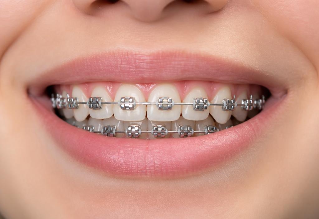 Sorriso con apparecchio ortodontico fisso in metallo